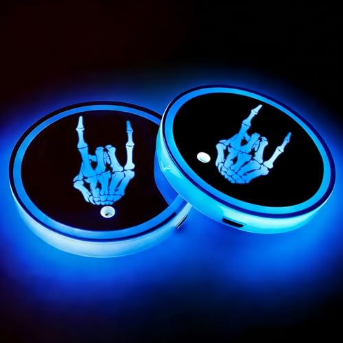 Skeleton LED Cup Holder Lights for Car,2Pcs LED Light Up Cup Holder Coasters with USB Charging 7 Colors 3 Modes,Waterproof Interior Atmosphere Lamp,Car Decor Accessories Skull Gifts for Women Men - color: Skeleton