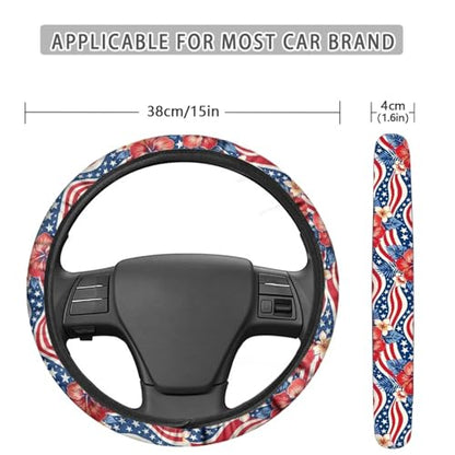 AFPANQZ American Flag Tropical Flowers Print Steering Wheel Cover for Women, Sweat Absorbing Non-Slip Steering Wheel Protection Case Elastic Flexible Universal 14 to 15 inch - color: American Flag Tropical Flowers Print