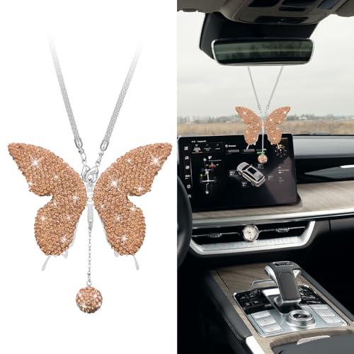 Bling Butterfly Diamond Car Accessories, Car Mirror Hanging Accessories, Crystal Rhinestone Vehicle Rear View Mirror Charms, Lucky Diamond Auto Hanging Ornament Pendant for All Cars (Peach) - color: Peach