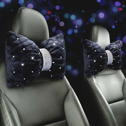 Dotesy 2PCS Rhinestone Car Headrest Neck Pillow for Driving with Bling Bling Crystal Leather Seat Head Pillow Car Accessories for Women (Black Diamond) - color: Black Diamond