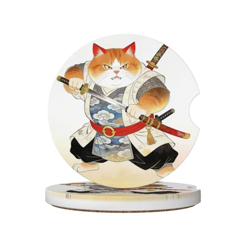 Orange White Cat Samurai Sword 2 Pack Car Cup Holder Coasters Absorbent Ceramic Drink Coasters 2.56" Universal Anti Slip Cup Mat with Finger Notch Auto Accessories Interior for Women Men - color: Brown