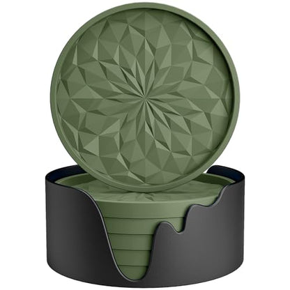 Silicone Coasters with Holder,[6 Pack] Drinking Coasters - Cup Mat for Hot or Cold Drinks, Thickened, Non-Slip, Non-stick,Deep Tray Olive Green - color: Olive Green