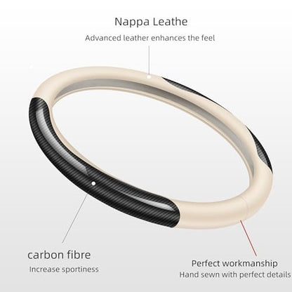 Nappa Leather car Steering Wheel Cover,Carbon Fiber Sports car Interior Non-Slip Ultrathin 15 inches Universal (White) - color: WHITE