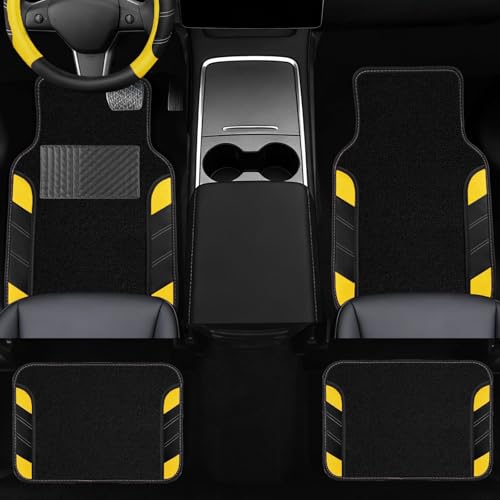 NBTEPEM 10 Pcs Car Floor Mats Full Set & Sport Leather Steering Wheel Cover 14.5-15 inch, Center Console Cover, Seat Belt Cushion, Cup Holder Coaster, Universal Automobile Interior Sets (Yellow)