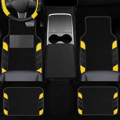 NBTEPEM 10 Pcs Car Floor Mats Full Set & Sport Leather Steering Wheel Cover 14.5-15 inch, Center Console Cover, Seat Belt Cushion, Cup Holder Coaster, Universal Automobile Interior Sets (Yellow)