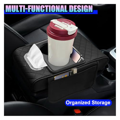 Leather Car Center Console Cover, Universal Automotive Armrest Booster Cushion, Vehicle Middle Console Organizer with 2 Cup Holders, Side Storage Bag, Tissue Box & Phone Slot(Black) - color: Black