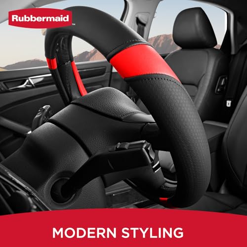 Rubbermaid Steering Wheel Cover – Universal Fit 14.5"–15" Steering Wheel Cover, Anti-Slip Grip, Breathable Leather, All-Season Protection, Interior Upgrade for Cars, Trucks, SUVs - Red - color: Red