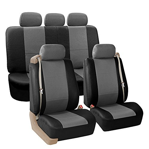 FH Group PU309115 Built-in Seat Belt Compatible PU Leather Seat Covers (Gray Black) Full Set – Universal Fit for Cars Trucks & SUVs - color: Gray/Black - Low Back (Faux Leather), size: Full Set
