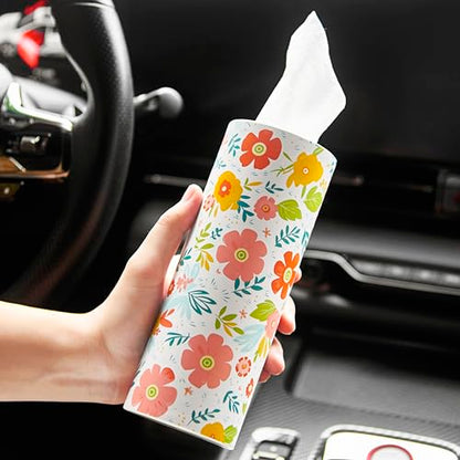Car Tissue Holder Cylinder - 4 Pack, 50 3-Ply Tissues per Cylinder, Fits Car Cup Holders, Portable, Floral Design, Round Tissue Box for Car - style: Floral