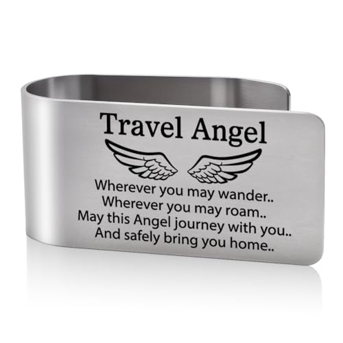 Travel Angel Wherever You May Wander Visor Clip for Cars, Travel Angel Gifts for New Driver, Traveler's Prayer Car Visor Clip for Men Women, Ideal for Safe Journey and Protection for Friends - color: Siliver