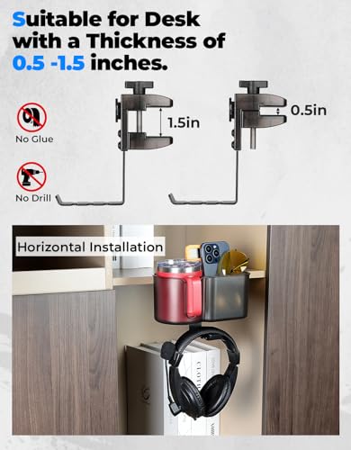 KEMIMOTO Desk Cup Holder with Headphone Hanger, 2 in 1 Caddy Organizer for Office Table, Lawn Chair, Golf Cart, Pontoon Boat, Fit for Most 18-32 oz Bottles - color: Brown