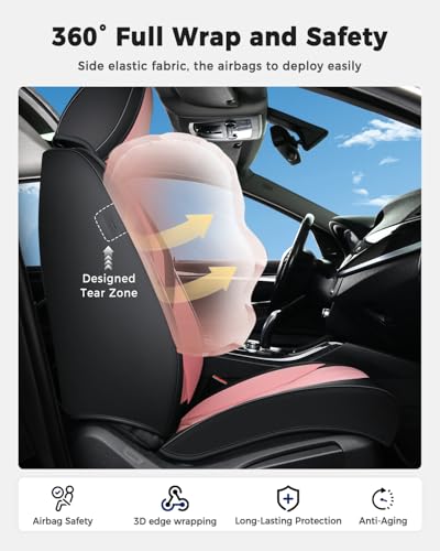 Huidasource Seat Covers Full Set, Universal Fit for Most Cars SUV Trucks, Full Coverage Leather Seat Cover, Airbag, Cupholder Compatible, Seat Function Retain, Easy Install with Velcro, Black & Pink - color: FS: Black&Pink, size: Full Set