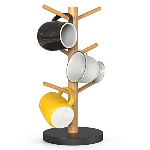 Wisuce Bamboo Coffee Mug Holder Tree, Thicker Base Coffee Cup Holder Stand for Counter, Mug Rack with 6 Hooks - color: Black Base
