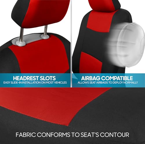 BDK PolyPro Car Seat Covers Full Set in Red on Black – Front and Rear Split Bench Seat Covers, Easy to Install, Accessories for Auto Trucks Van SUV - color: Red