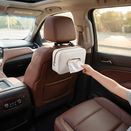 Car Tissue Holder with 2 Storage Nets, PU Leather Tissue Box Cover, Large Rectangle Napkin Organizer Fits 100–160 Tissues – for Seat/Headrest/Center Console/Visor (Light Beige) - color: Light Beige