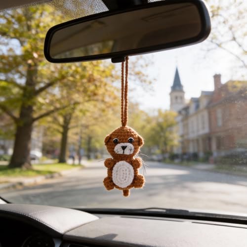 Cute Crochet Otter for Car Rear View Mirror, Fun Handmade Knitted Car Mirror Hanging Accessories for Women Girls, Interior Aesthetic Decor Truck Hanger Otter Ornament Bag Charm
