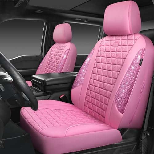 CAR PASS Bling Diamond Pink Leather Car Seat Covers for 2 Front Seats Protector, Waterproof Shining Glitter Sparkly Crystal Universal Armrest Fit Automotive Truck SUV Cute Women Girl, Pink Rhinestone - color: Pink Diamond, size: Two Front Seats