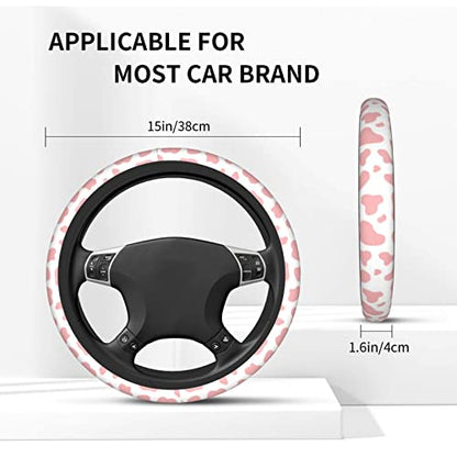Pink Cow Print Steering Wheel Cover for Women Men with 2 Pcs Car Coasters, Universal 14.5-15 Inch Rainbow Steering Wheel Covers Non-Slip Car Accessories for Girls - color: pink cow print