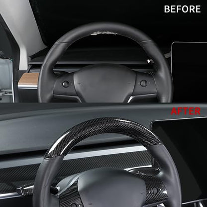 JSWAN Real Carbon Fiber Steering Wheel Cover for Tesla Model 3 2017 to 2023 Model Y 2020 to 2024 Steering Wheel Cover Steering Wheel Wrap Protector Interior Accessories (Bright Black Upper Part)
