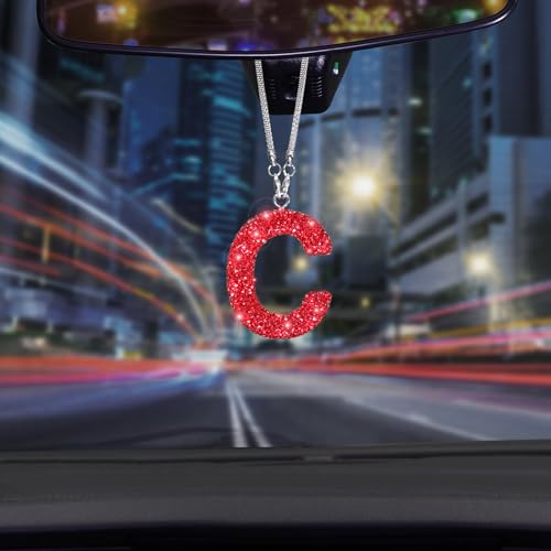 ToBeQueen Bling Rear View Mirror Hanging Accessories, Crystal Rhinestone Diamond Car Charms for Rear View Mirror Letter C, Cute Lucky Red Bling Car Accessories for Women (Red,C) - color: Red-c