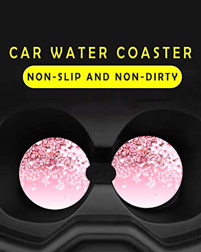 CLEVI 2 Pack Universal Ceramic Car Cherry Blossom Background,Pink Design Ceramic Stone with A Finger Notch for Easy Removal of Car Cup Holder Coaster - color: Cherry Blossom