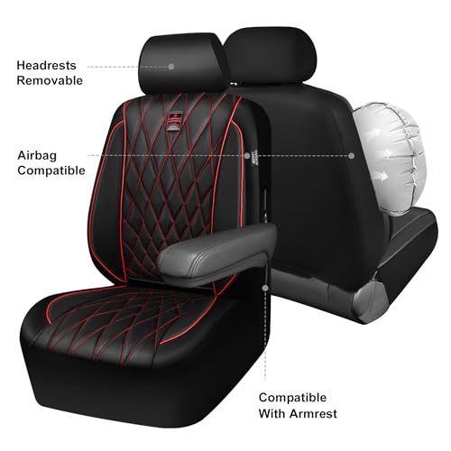 CAR PASS Piping Luxury Leather Seat Covers Full Set,5 Seats Anti-Slip Waterproof Seat Covers Compatible with Front Armrests,Universal Fit for Sendan SUV Van Truck,Airbag Compatible,Black and Red - color: Black with Red, size: Full Set