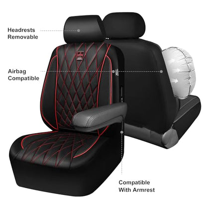 CAR PASS Piping Luxury Leather Seat Covers Full Set,5 Seats Anti-Slip Waterproof Seat Covers Compatible with Front Armrests,Universal Fit for Sendan SUV Van Truck,Airbag Compatible,Black and Red - color: Black with Red, size: Full Set