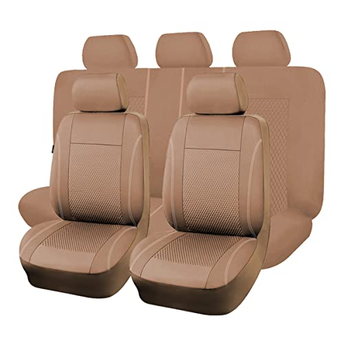 Flying Banner car seat Covers Full Set Velvet Cubic Press Massage Breathable Rear Bench Split Black Gray Beige tan 40/60 50/50 60/40 (Full Set - Low Back, Dark Beige) - color: Dark Beige