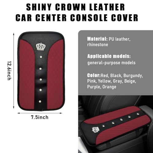 Bling Crown Car Center Console Mats, Anti-Slip and Waterproof Crystal Car Armrest Pad Protector, Universal Rustproof Armrest Decor Cushion for Cars & SUVs, Car Accessories (Wine Red) - color: Wine Red