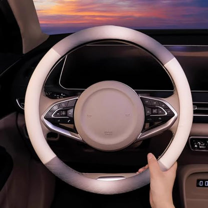 Steering Wheel Cover, Gray White Leather Steering Wheel Cover 14.5-15 Inch Non-Slip Breathable Microfiber Car Steering Wheel Covers for Men Women - color: Gray White