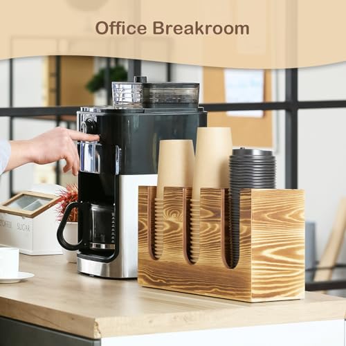 Wooden Coffee Cup and Lid Organizer for Countertop, 3 Compartments Cup Holder Dispenser, Fits 16–24 oz Disposable Cups, Coffee Bar Cup Organizer, Breakroom Kitchen Counter Cup Holder