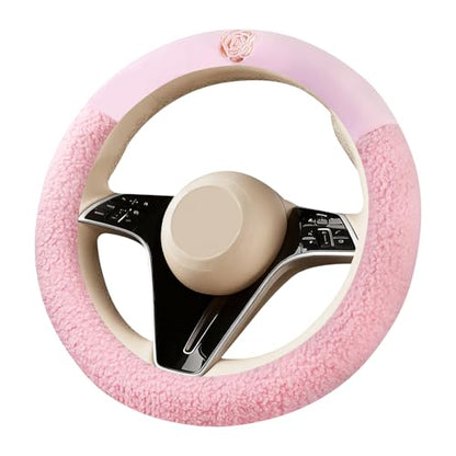 Pink Camellia Lambswool Steering Wheel Cover, for Universal Auto Steering Wheel 14.5-15 in, Lambswool Fabric, Anti-Slip, Soft Plush, Comforting and Luxurious, Embroidery Patterns, Soft Texture - color: Pink
