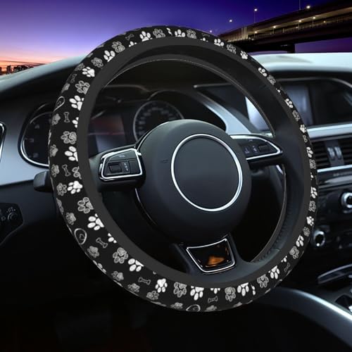 Paw Print Steering Wheel Cover - Black White Dog Paw Steering Wheel Paw Print Car Cup Holder Pad 2 Pack 15 Inch Cute Steering Wheel Cover Women Men Anti Slip Breathable Wheel Cover - color: Dog claw