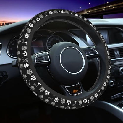 Paw Print Steering Wheel Cover - Black White Dog Paw Steering Wheel Paw Print Car Cup Holder Pad 2 Pack 15 Inch Cute Steering Wheel Cover Women Men Anti Slip Breathable Wheel Cover - color: Dog claw
