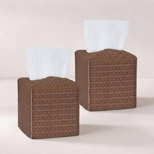 Tissue Box Cover 2-Pack, Square Tissue Holder with Bottom Belt, Modern Tissue Case Facial Paper Organizer Dispenser for Bathroom, Office, Home, Table, Car, Woven Pattern Brown - color: Brown, size: Woven Pattern