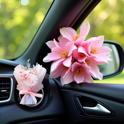 Pink Mini Dried Flowers Bouquet for Car Air Vent Clips, Car Air Outlet Perfume Decoration, Car Air Fresheners Interior Decoration Accessories