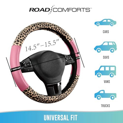 Road Comforts Leopard Steering Wheel Cover for Women, Cute Anti-Slip Microfiber Leather, Universal Fit 14.5-15 Inch Round Steering Wheel - Pink - color: Round Pink