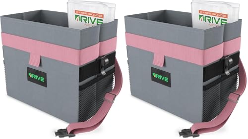 Drive Auto Car Trash Can - Leakproof, Hanging Garbage Bin with 20 Trash Bags and Pink Adjustable Strap - Truck & Car Accessories for Men and Women - Grey with No Lid (Pack of 2) - color: Grey/Pink, size: 2 gallons (Pack of 2)