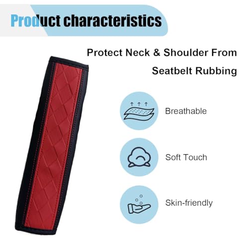 2PCS Car Seat Belt Covers, Embossed Leather Seat Belt Protector Cushion, Driving Comfortable Seatbelt Shoulder Strap, Universal Car Seatbelt Pad Accessories for Protect Shoulder and Neck (Black/Red)