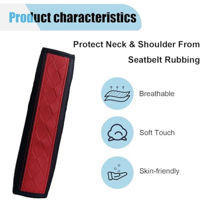 2PCS Car Seat Belt Covers, Embossed Leather Seat Belt Protector Cushion, Driving Comfortable Seatbelt Shoulder Strap, Universal Car Seatbelt Pad Accessories for Protect Shoulder and Neck (Black/Red)