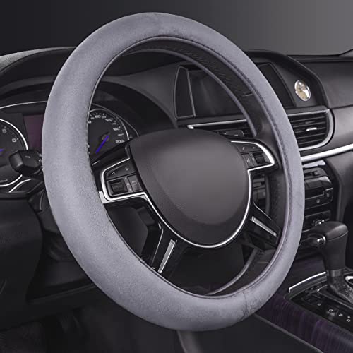 CAR PASS Car Steering Wheel Cover,14.5-15 Inch Gray Faux Suede Universal Memory Foam Auto Steering Wheel Covers Breathable Anti-Slip Odorless Steering Wheels Accessories for Men Women - color: Gray