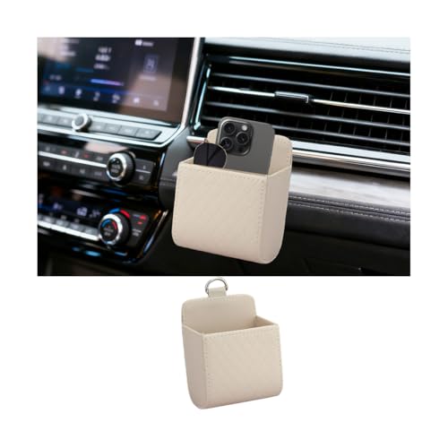 Car Vent Storage Bag, Leather Vehicle Dashboard Tidy Storage Hanging Case with Hook for Key Coin Cell Phone, Automotive Hanging Organizer Pocket Accessories, Universal Fit (Beige) - color: Beige