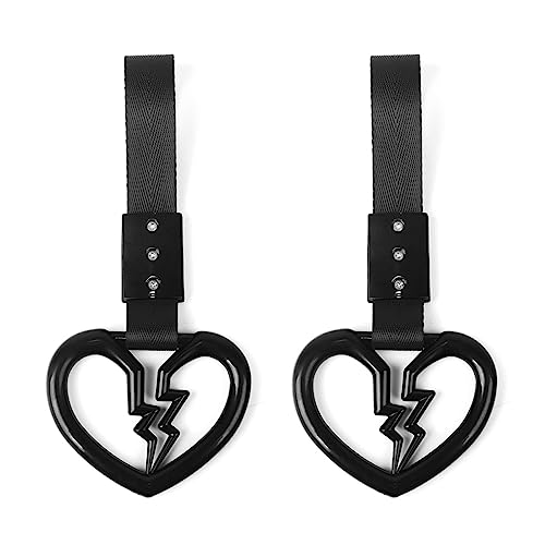2 PCS Broken Heart Shaped Car Handle Straps Hang Ring Rear Bumper Warning Ring Decorative Subway Train Bus Handle Hand Strap Drift for Car (Black) - color: Black