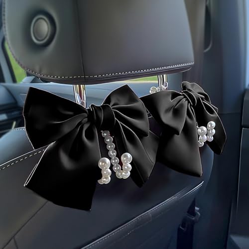 2 PCS Bow Pearl Car Seat Headrest Hook – Cute Purse Hook for Car, Girly Interior Decoration Accessories Hook Hanger, Seatback Holder for Purses & Bags, Elegant Car Organizer (Black) - color: Black