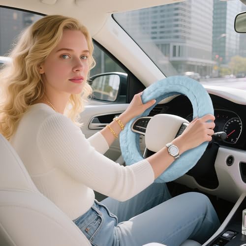 Road Comforts Steering Wheel Cover, Fluffy Car Wheel Covers for Women/Girls/Ladies，Soft Wool Fur Steering Wheel Protector, Universal 14 1/2 inches to 15 inches - Blue - color: Blue