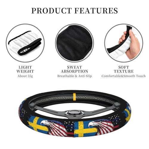 Sweden Swede Swedish Flag America Eagle Breathable Neoprene Steering Wheel Cover - Anti-Slip Floral Design Universal Fit for Cars/Trucks/Suvs (14.5"-15" Inch) - color: Sweden Swede Swedish Flag America Eagle