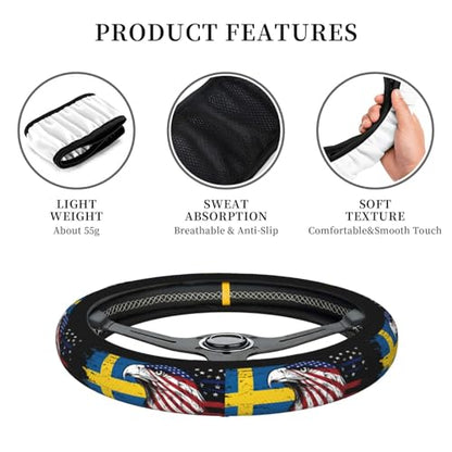 Sweden Swede Swedish Flag America Eagle Breathable Neoprene Steering Wheel Cover - Anti-Slip Floral Design Universal Fit for Cars/Trucks/Suvs (14.5"-15" Inch) - color: Sweden Swede Swedish Flag America Eagle