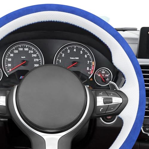 MEWANT Hand-Stitched Steering Wheel Cover for BMW (M Sport) F22 F23 F30 F34 F32 F33 F36 F10 F07 F12 F13 F06 F39 F25 F26 F15 F16, DIY Custom Fit Steering Wheel Wrap for BMW - color: 15:3D blue IT-ALCAN & white leather