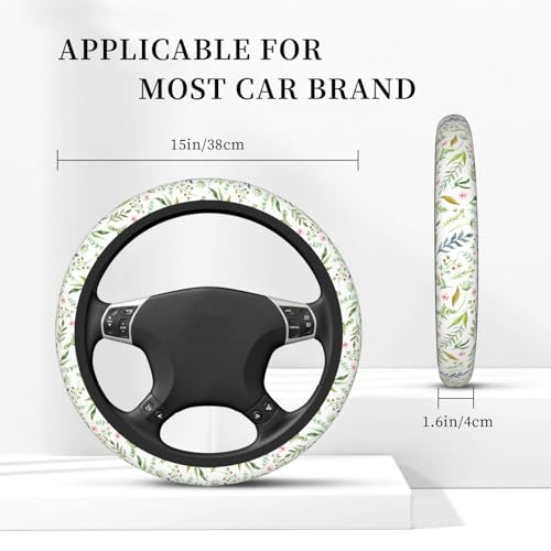 Flowers Leaves Steering Wheel Cover for Women Elastic Rubber Steering Wheel Universal 15 Inch Fit for Cars, Auto, SUVs - color: Flowers Leaves