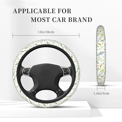 Flowers Leaves Steering Wheel Cover for Women Elastic Rubber Steering Wheel Universal 15 Inch Fit for Cars, Auto, SUVs - color: Flowers Leaves